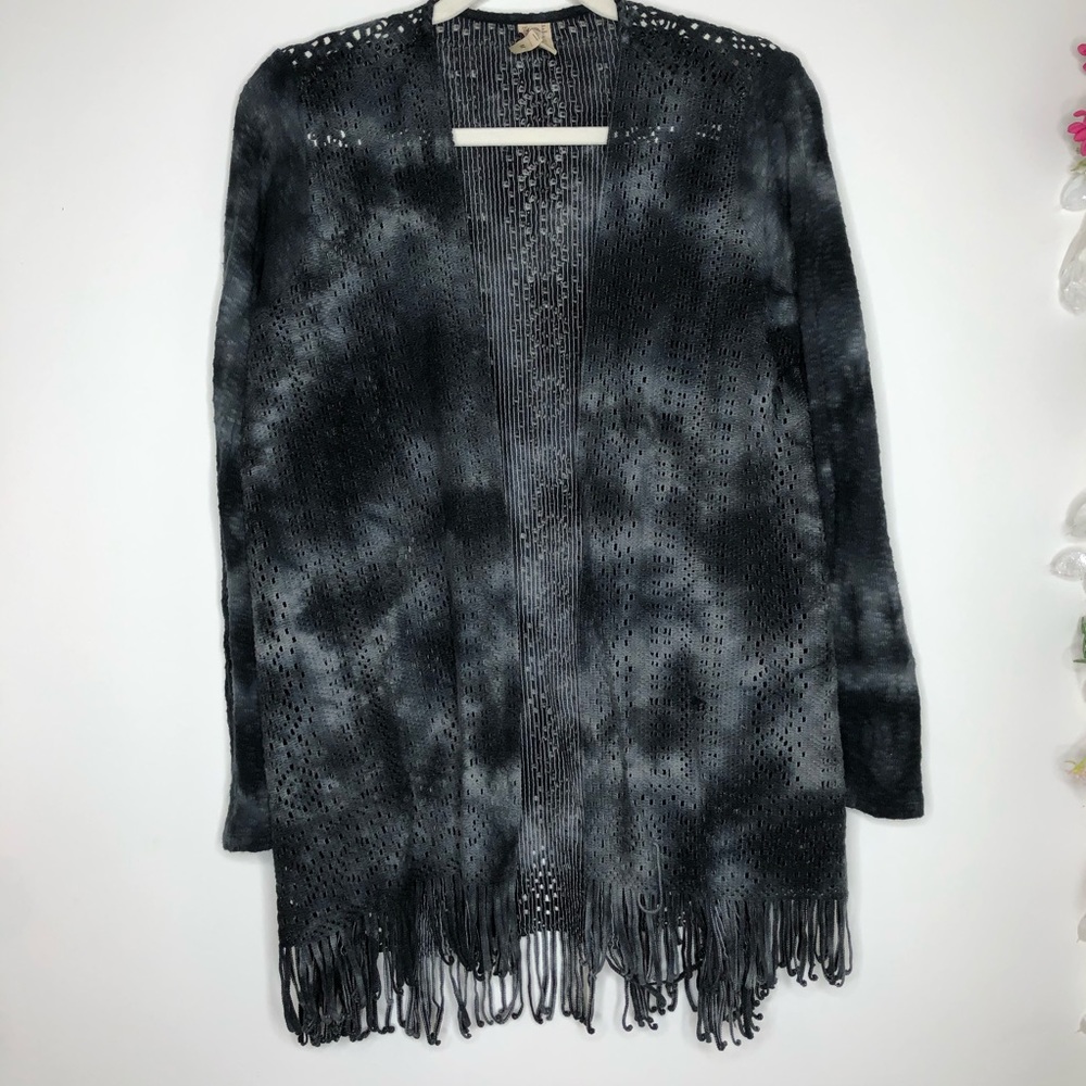 XCVI gray tye dye open front cardigan with fringe